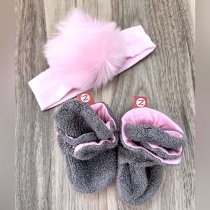 Light pink and gray fleece baby girl booties headband Pom Pom elastic